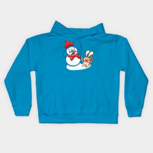 Naughty bunny stealing the carrot nose of a Christmas snowman with a hair dryer Kids Hoodie